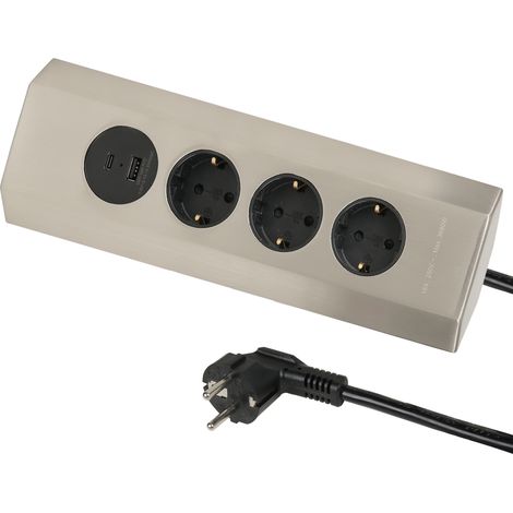 Multipresa da cucina Angolare, fissabile a muro con 3 prese tedesche Schuko + 2 USB (1 tipo A e 1 tipo C) 3.1A 15.5W, Cavo 2M H05VV-F sezione 3G1.5 mm