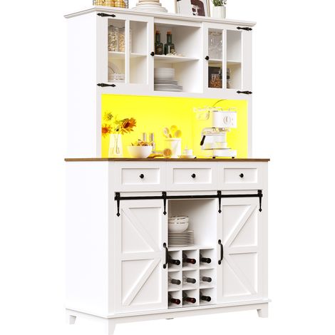 Armoire de cuisine blanche 105x180cm, buffet haut avec led et vaisselier avec portes en verre (1/5)