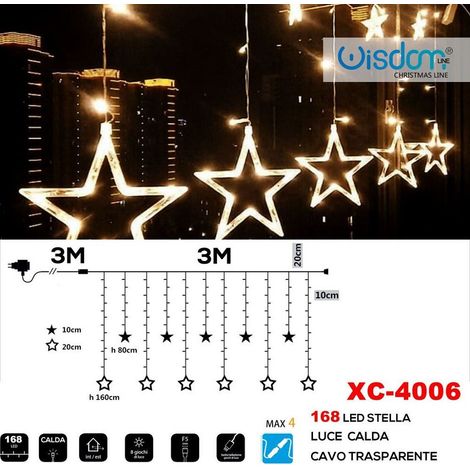 TRADE SHOP - Tenda Luminosa Natalizia 168 Led Con Stelle Luce Calda Cavo Trasparente Xc-4006 -
