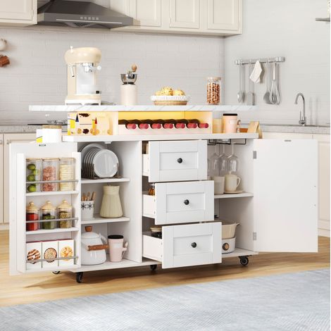 Îlot de cuisine 138x60x93 cm blanc en MDF avec LED multicolore, plateau rabattable et grand rangement (1/5)