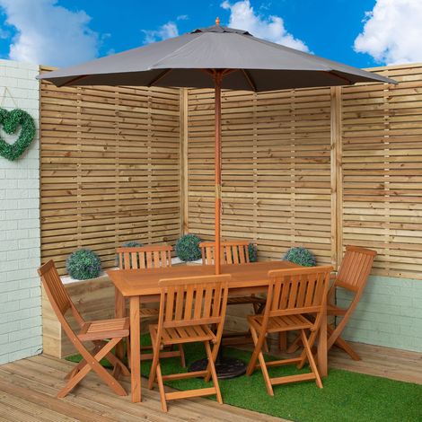 Outdoor 6 Person Rectangular Wooden Garden Patio Dining Table Chairs with Grey Parasol and Base Set (1/5)