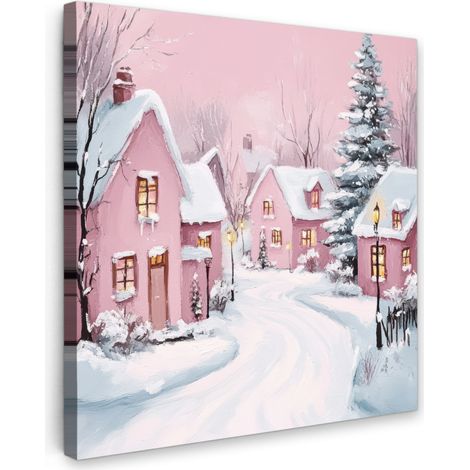 CUADRO EN LIENZO Pueblo navideño - Rosa - Invierno - Nieve - Casas Decorativos de Salon 50x50 cm
