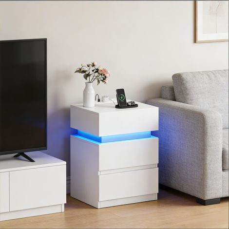 Comodino con LED, 2 cassetti e scomparto ribaltabile, bianco, 40x35x55 cm