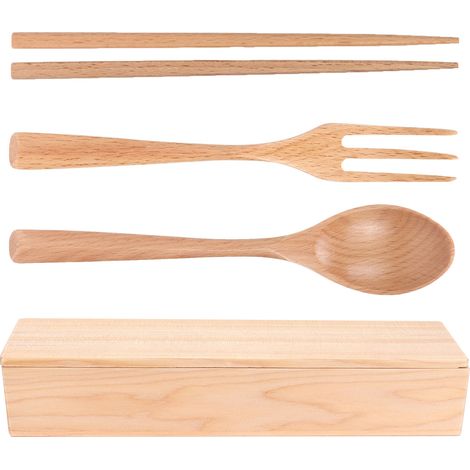 Ensemble de 4 pièces comprenant baguettes et cuillère, vaisselle portable en bois avec boîte pour la maison, l'hôtel et le restaurant (1/5)