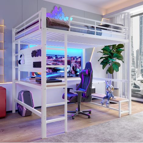 Lit mezzanine 140x200 avec bureau LED métal blanc HAVRYA (1/5)