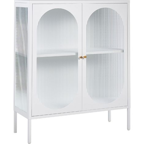 Aparador de metal blanco dorado 90 x 35 cm 2 puertas cristal frontal lateral Sarre (1/5)