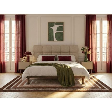 BOBOCHIC - Lit KUMO tissu texturé lattes massives pieds en bois naturel  160x200 Beige