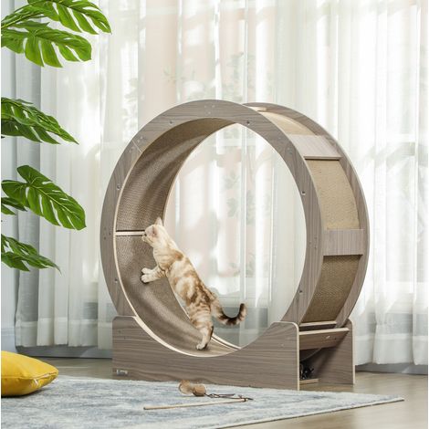 Roue d’exercice pour chat 91x33,5x94 cm en bois noyer, avec frein, pour petits espaces – MEUBLIV (1/5)