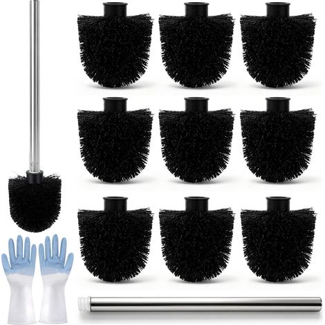 Lot de 10 brosses WC de rechange avec manche en acier inoxydable - Pour salle de bain - Noir (1/5)