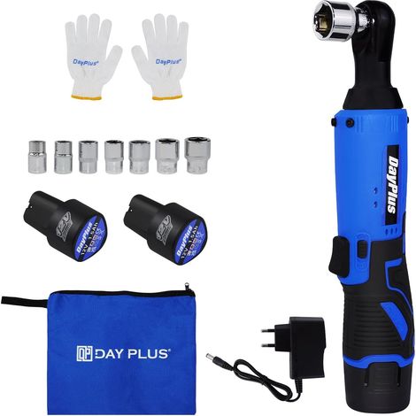 Clé à cliquet électrique sans fil 12V 3/8 '', Trousse à outils pour clé à angle droit 90°, 2 × 1500 mAh batteries Li-Ion, Électrique cliquet Clé avec lampe de travail à LED, 7 Prises - Bleu