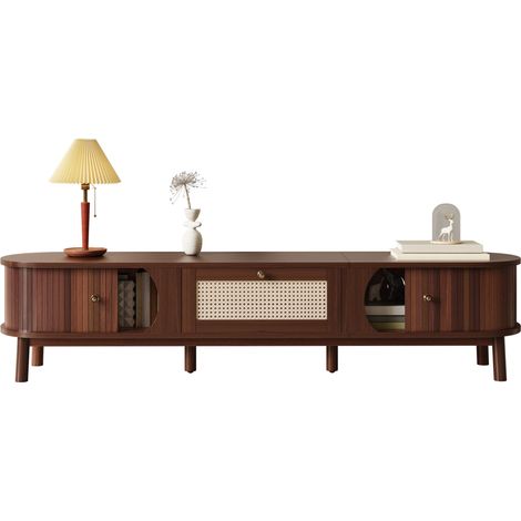 Meuble TV avec portes et tiroirs en paille tressée, finition bois clair, rangement stable pour salon, 170 cm, style naturel et chaleureux CHICFURN (1/5)