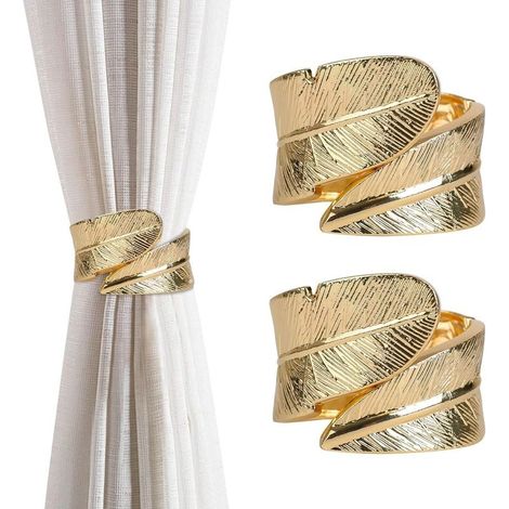 2 Pack Feather Shape Metal Curtain Holdbacks Curtain Tiebacks Clips for Home and Office Classic Gold Decorative Curtain Holdbacks (1/4)