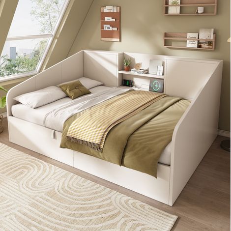 Lit de jour en bois blanc 140x190 cm avec tête de lit, rangements et charge USB/Type-C (1/5)