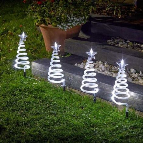 Marco Paul Novelty Set of 4 Christmas Tree Spiral Stake Lights Christmas Decorations with 40 LED Lights Battery Operated Garden Ornaments Outdoor Light-Up Festive Path Home Decor Lighting (Cool White) (1/5)