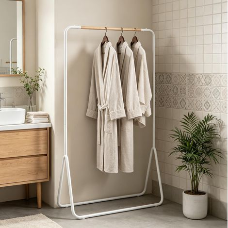 Portemanteau sur pied multifonction en métal blanc avec barre en bois 80 x 45 x 145 cm OKMYHOME (1/5)
