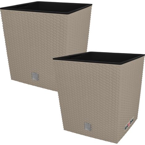 KOTARBAU® Kotarbau® Pot de Fleur Exterieur 26 x 26 cm - avec Insert Intérieur Lot de 2 - Pot Plastique Plante 15,8 L - Pot de Fleur Carré - Aspect Rotin - Moka (1/5)