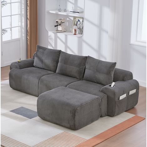 Sofá modular 268/174/80 cm en gris oscuro de pana con portavasos y bolsillo lateral (1/5)