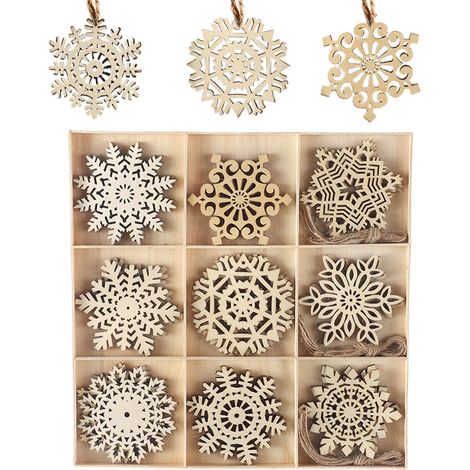 1 boîte de pendentif flocon de neige en bois, création artisanale - pendentif creux en bois - décoration flocon de neige de Noël (1/4)