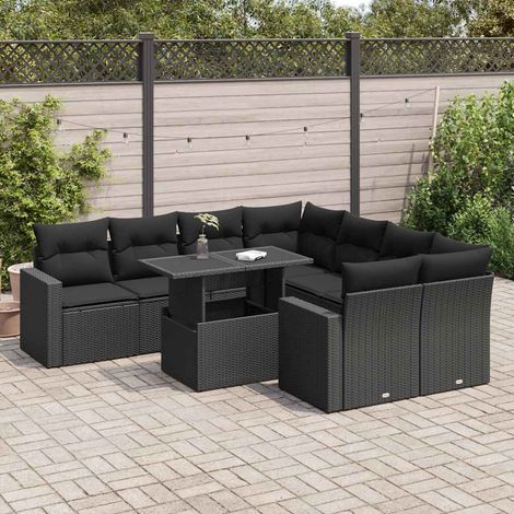 vidaXL Salon de jardin 9 pcs avec coussins noir résine tressée (1/5)