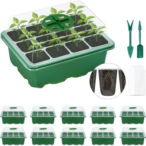 Lot de 10 plateaux de semis à 120 cellules pour semis épais avec couvercle grille d aération rotative pour serre et vert 10 pièces (1/5)