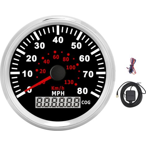 85mm GPS compteur de vitesse 0-80MPH 0-130KM/H écran LCD COG IP67 cadran noir cadre argenté pour voiture bateau yacht camping-car (1/5)