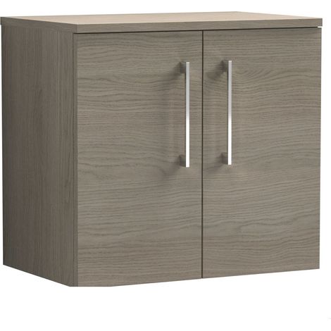 Balterley Bramshall Modern Bathroom 600mm Wall Hung 2-Door Vanity Unit with Worktop, Soft Close Doors, Solace Oak