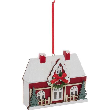 Suspension de sapin lumineuse chalet en bois rouge et blanc 12 cm - Feeric lights & christmas (1/2)