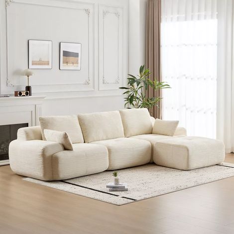 Sofá moderno con espuma viscoelástica comprimida, tapizado en pana apto para mascotas, sofá esquinero para salón, sofá cama, color blanco crema.