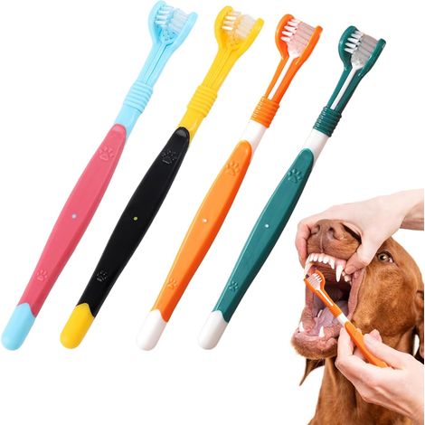 Set di 4 spazzolini da denti a tripla testa con puliscilingua, setole morbide su 3 lati per piccoli animali, kit dentale per cani e gatti, pulizia multi-angolo (1/5)