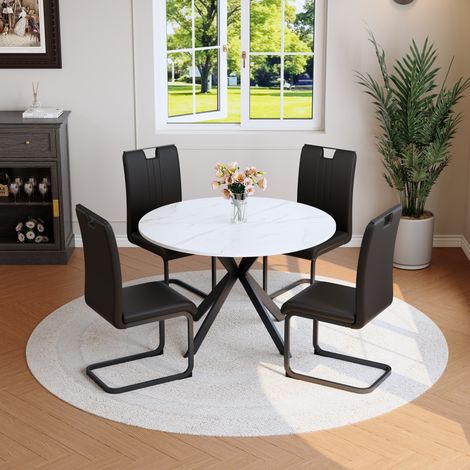 Set da pranzo 3 pezzi: tavolo rotondo effetto marmo bianco e 2 sedie nere in PU, metallo (1/5)