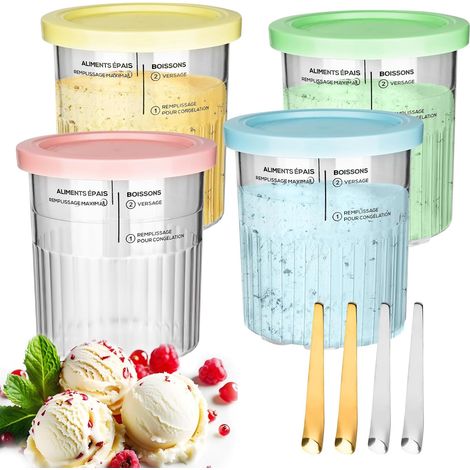 Lot de 4 récipients de rechange pour Ninja Creami Deluxe NC501EU NC500EU - 800 ml - Anti-fuite - Pour sorbetière Ninja Deluxe - Gobelet Creamy NC501 NC500 - Avec cuillère, sans BPA, passe au (1/5)