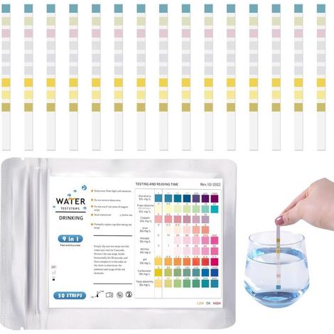 50Pcs 9 En 1 Test Eau Potable, Bandelettes de Test pH pour Eau de Piscine et Spa, Bandelette Testeur Dureté de L'eau pour Aquarium, Pool Teststreifen pour Analyse pH Nitrites Chlore Dureté Piscine (1/5)