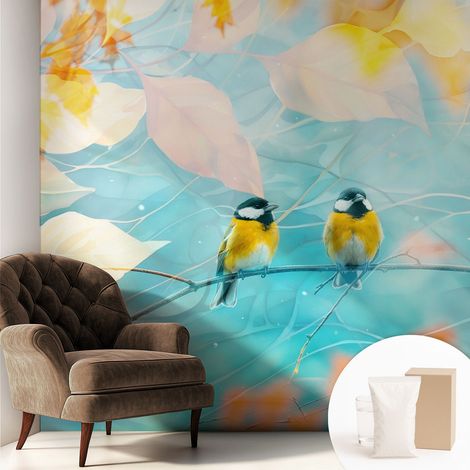 Tapete Vliestapete mit Kleber - abwaschbar - Tapete mit Motiv - trendige Wanddeko - elegant Fototapete Frühlingsvögel 250x250 cm (1/5)