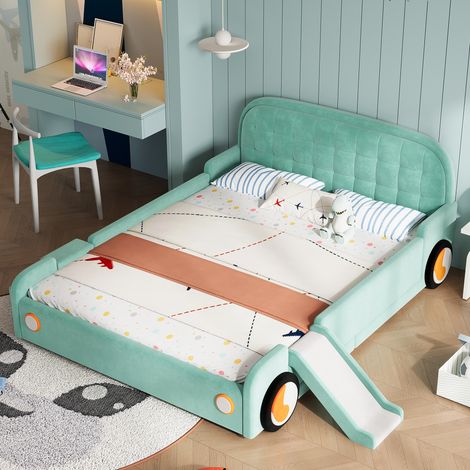 Lit enfant en forme de voiture avec toboggan et escalier, montage à gauche ou à droite, lit rembourré souple bleu canard, lit de jeu avec protection antichute pour chambre d'enfant, 140 x 200 cm (1/4)