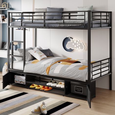 Lit superposé 90x200cm avec escalier étagère à chaussures et rangement intégrée cadre en métal noir Sans matelas (1/5)