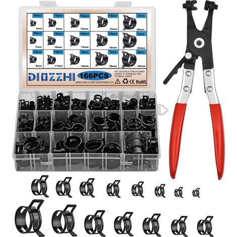 Assortiment de 166 colliers de serrage à ressort avec pince à bec plat 6-25 mm 15 tailles - pour conduites de carburant, tuyau d'aspiration en silicone, petite pince en acier avec revêtement (1/5)