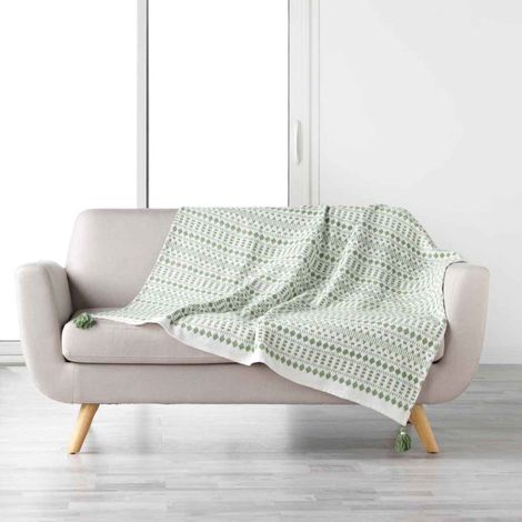 Plaid Déco à Pompons "Maldives" 125x150cm Kaki (1/3)