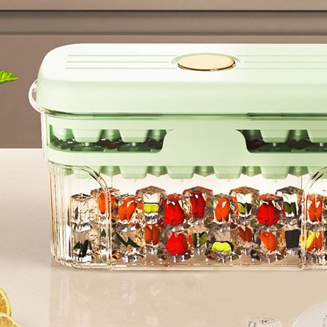 Moule à glaçons avec couvercle et bac, grande capacité, pour la fabrication de glaçons pressés. Boîte de rangement pour blocs de glace à double compartiment, verte. (1/5)