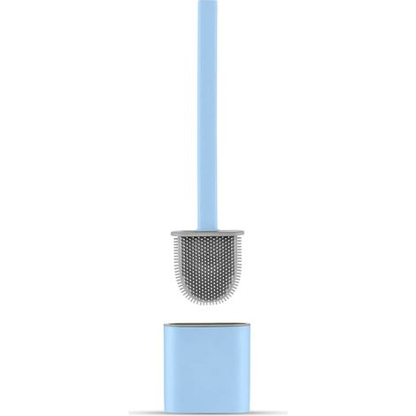 Brosse WC Silicone Plate- Brosse Toilette et Supports, Anti-goutte, Antibactérienne, Balayette WC Ventilée, Séchage Rapide sans Odeur, Balai WC Montage Mural/au Sol, Salle de Bain et WC, Bleu