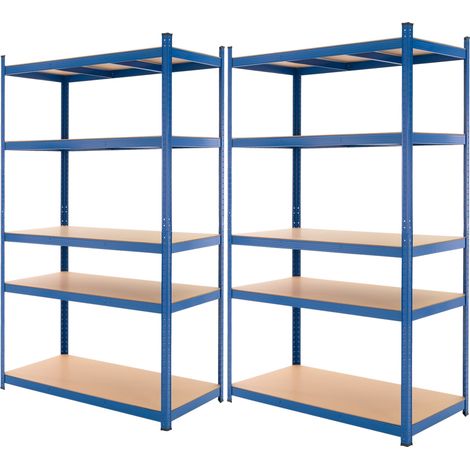 ECD Germany 2er Set Werkstattregal Schwerlastregal 200x100x50 cm Blau pulverbeschichter Metall mit 5 Böden MDF Holz belastbar bis 875kg Lagerregal Steckregal Kellerregal Garagenregal Metallregal Regal