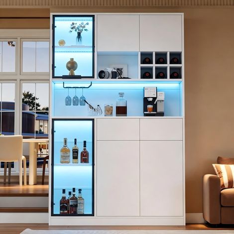 Vetrina alta da soggiorno 120x33x200 cm - mobile credenza moderno con illuminazione led 6 ante e 2 cassetti - armadio espositore in vetro temprato bianco (1/5)