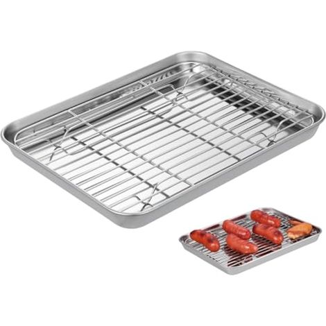 Plat Inox Grille Inox, Lot De 1 Plaques De Cuisson Rectangulaires Antiadhésives En Acier Inoxydable Avec Grille De Refroidissement Amovible, Plaque Inox 26 X 20 X 2,5 cm (1/5)