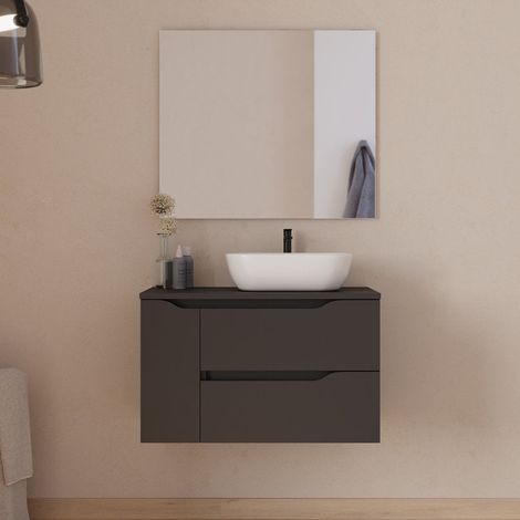 Meuble de salle de bain 80cm avec plateau, vasque à poser déportée à droite Zeus et miroir - 2 tiroirs et un placard - noir - ZARZA