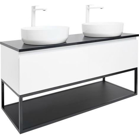 Meuble de salle de bains 2 vasques avec plan Technistone et cadre et 2 mitigeurs - SAT - B-Way - 119x30x45 - blanc brillant - Bl