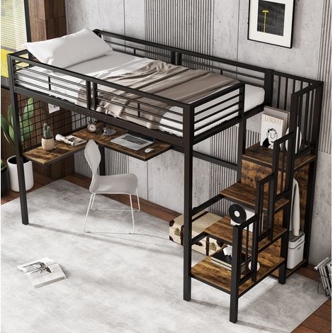 Lit mezzanine 90/200 cm noir et noyer foncé en métal et panneaux de bois avec armoire et bureau (1/5)