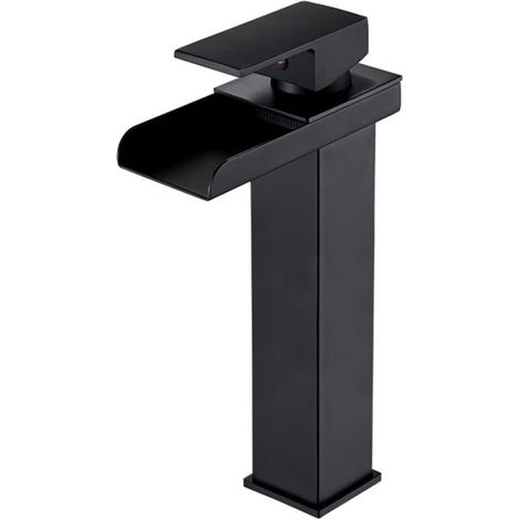 Rubinetto per lavabo lungo e nero con cascata – miscelatore monocomando acqua calda/fredda, finitura elegante e flusso potente