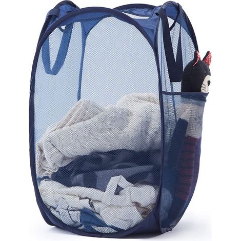 Panier à linge pliable et dépliable avec poignée robuste et poches latérales - Panier à linge pliable portable en maille bleu marine (1/5)