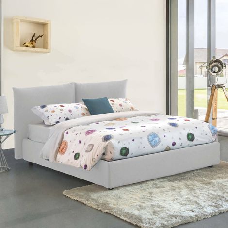 Dmora - Cama matrimonial Dbrekal, Cama contenedor con revestimiento de tela, 100% Made in Italy, Apertura frontal, con colchón 160x190 cm incluido, Blanco (1/5)