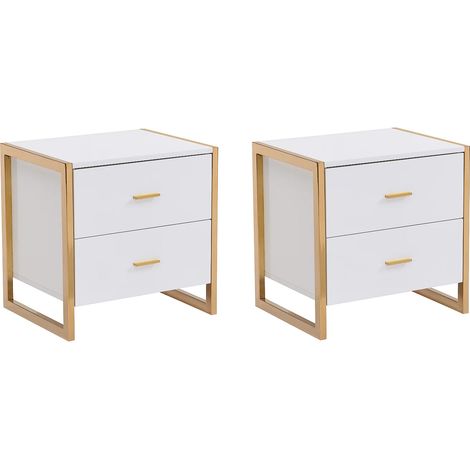 Comodino 2 cassetti MDF Bianco laccato e Dorato - Lotto di 2 - OMBRELIA (1/5)