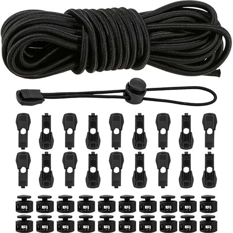 Cordon élastique noir de 10 m - 3 mm - Avec 40 bloqueurs de cordon - 30 bloqueurs de cordon - 2 trous - Cordon en caoutchouc pour cordon de serrage, sac à dos, cordes à linge